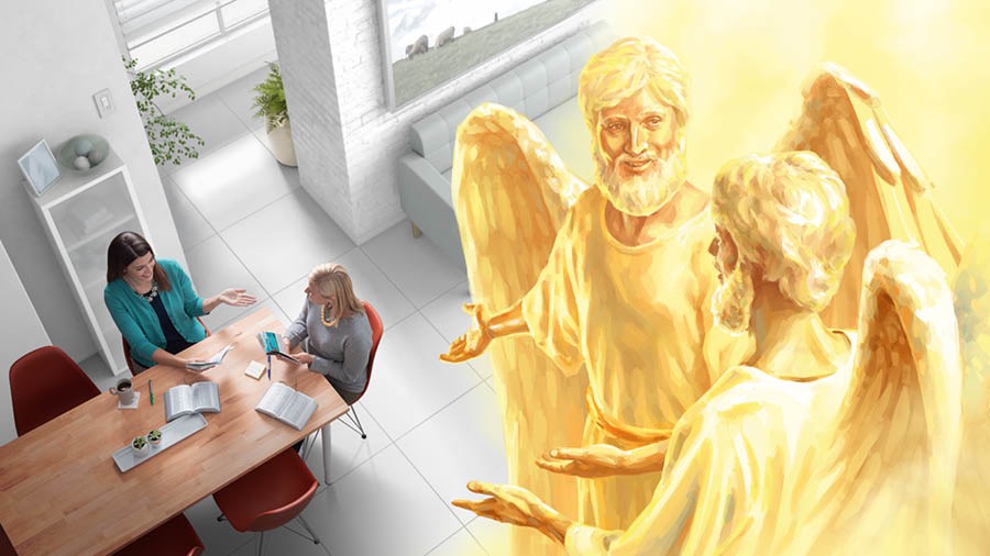 Koliažas: 1) sesė veda Biblijos studijas moteriai, kurią buvo užkalbinusi kavinėje; 2) stebėdami tas studijas angelai džiaugiasi.