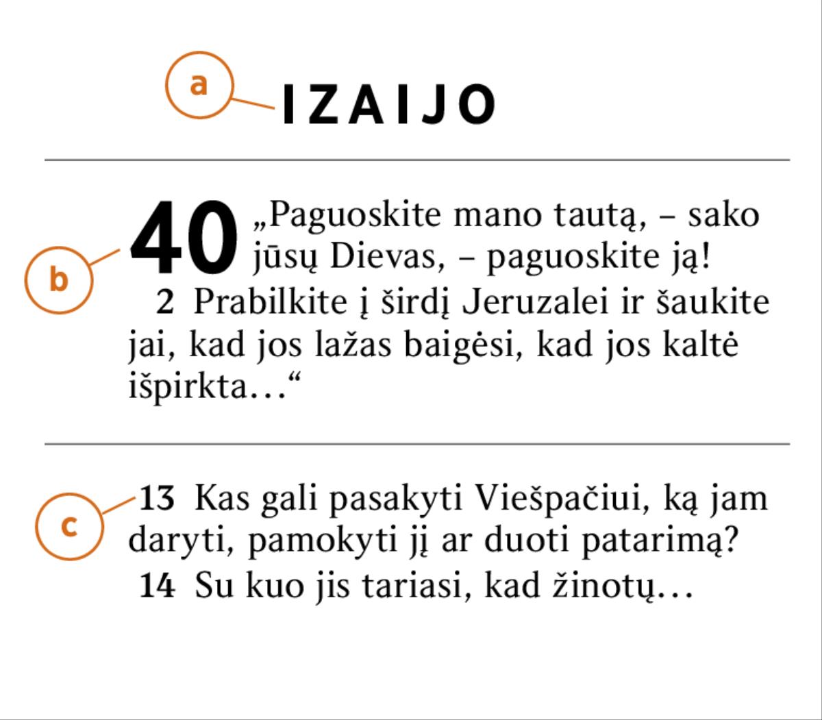 Biblijos ištrauka, padedanti suprasti, kaip žymima (a) Biblijos knyga, (b) skyrius ir (c) eilutė