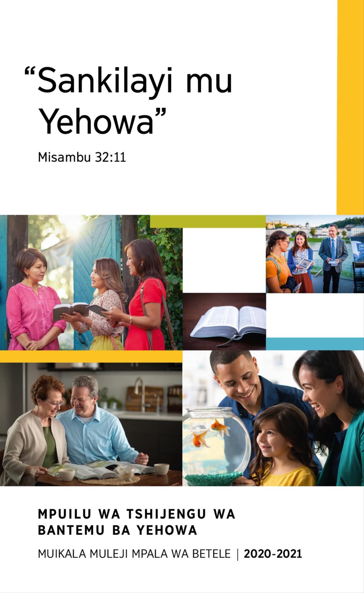 Foto: 1. Bena dîku batangila katshikele ka or mu kadibungu ne disanka. 2. Bantemu ba Yehowa babidi bayukidilangana ne mamu kampanda pa mvese wa mu Bible kuende kumbelu. 3. Bena dibaka balonga Bible ku diambuluisha dia mikanda yetu. 4. Bible mubulula. 5. Bena dibaka baleja mamu kampanda filme mu njila udi bantu ba bungi bapitshila.