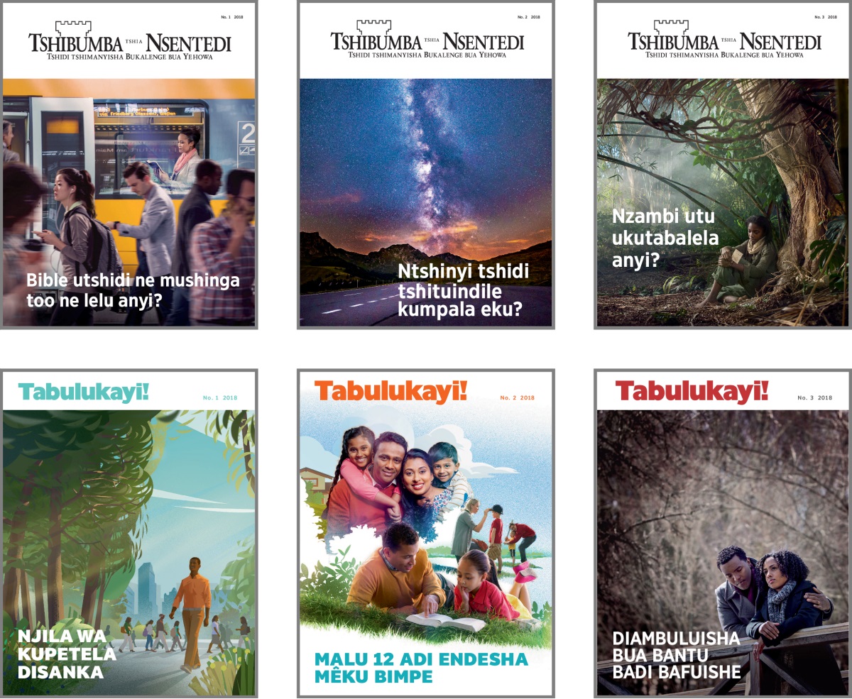 Foto: Biena-bualu bituvua bakuila mu ‘Tshibumba tshia Nsentedi’ ne mu ‘Tabulukayi!’ mu 2018. 1. ‘Bible utshidi ne mushinga too ne lelu anyi?’ 2. ‘Ntshinyi tshidi tshituindile kumpala eku?’ 3. ‘Nzambi utu ukutabalela anyi?’ 4. ‘Njila wa kupetela disanka.’ 5. ‘Malu 12 adi endesha mêku bimpe.’ 6. ‘Diambuluisha bua bantu badi bafuishe.’