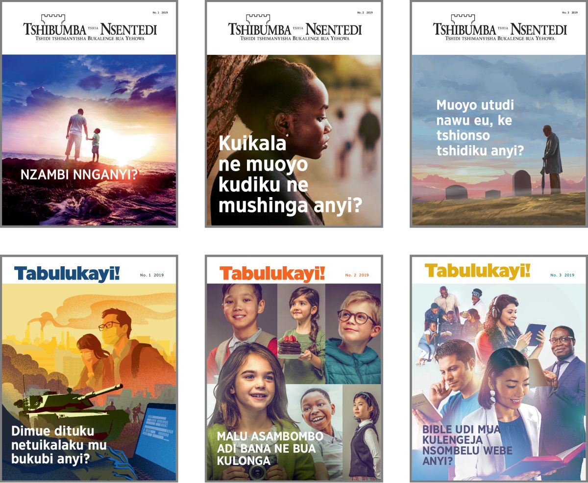 Foto: Biena-bualu bituvua bakuila mu ‘Tshibumba tshia Nsentedi’ ne ‘Tabulukayi!’ mu 2019. 1. ‘Nzambi Nnganyi?’ 2. ‘Kuikala ne muoyo kudiku ne mushinga anyi?’ 3. ‘Muoyo utudi nawu eu, ke tshionso tshidiku anyi?’ 4. ‘Dimue dituku netuikalaku mu bukubi anyi?’ 5. ‘Malu asambombo adi bana ne bua kulonga.’ 6. ‘Bible udi mua kulengeja nsombelu webe anyi?’
