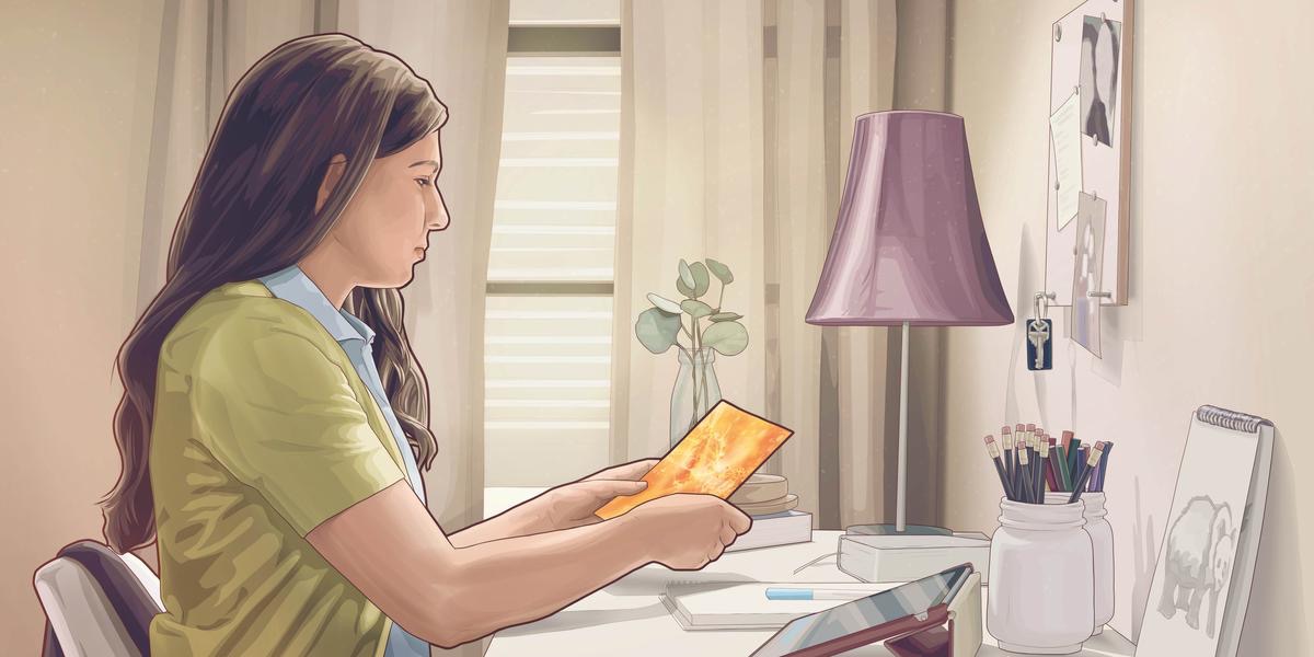 Bimfuanyi bia mu filme wa “Tudi ne bua ‘Kunyema ne dinanukila’: Diaku biakudia bidi bidisha mubidi.” Rebekah ukebulula malu mu broshire wa “Nkonko 5 idi ijuka mu bualu bua kudi muoyo mufumine.”.