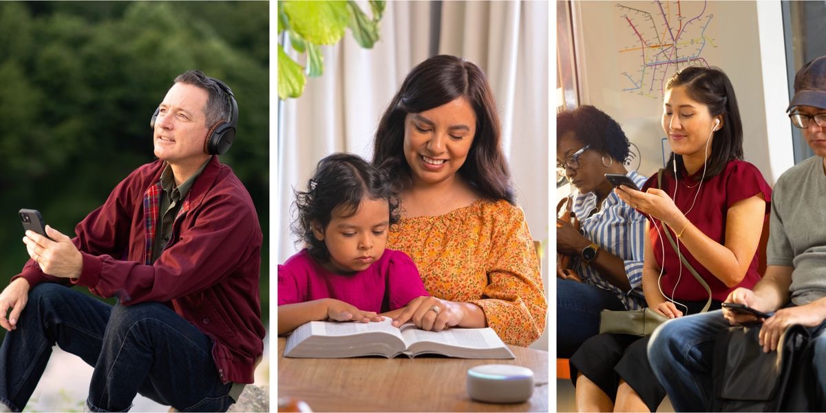 Foto milamakaja: Teleja dibala dia Bible dimana kukuata. 1. Muanetu wa balume muela bia mu matshi utelejila dibala dia Bible dimana kukuata mu telefone wende. 2. Mamu ne kana kende ka bakaji batelejila dibala dia Bible dimana kukuata ku kasanji bende balondesha mu Bible wa pa mabeji. 3. Muanetu wa bakaji muele ekutere uteleja dibala dia Bible dimana kukuata mu telefone wende padiye mu mashinyi.