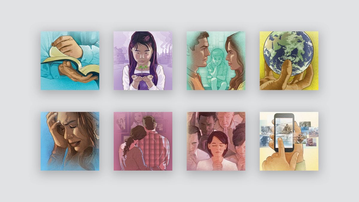 Collage: Various tracts. 1. “Buebe wewe, Bible ntshinyi?” 2. “Udi muindile tshinyi kumpala eku?” 3. “Tshidi mua kufila disanka mu dîku ntshinyi?” 4. “Buloba ebu budi mu bianza bia nganyi menemene?” 5. “Makenga kaakujika anyi?” 6. “Bafue badi bulelela mua kulua ne muoyo kabidi anyi?” 7. “Bukalenge bua Nzambi ntshinyi?” 8. “Udi mua kupetela mandamuna a nkonko minene muaba kayi?”