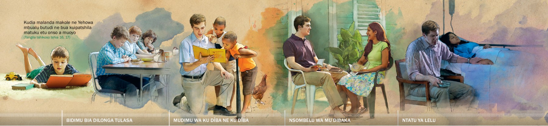 Muana wa balume ukolesha malanda ende ne Yehowa: 1. Mu bidimu biende bia dilonga tulasa; 2. Padiye wenza mudimu wa ku dîba ne ku dîba; 3. Mu nsombelu wende wa dibaka; 4. Mu ntatu ya lelu