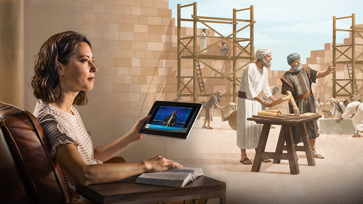 Muanetu wa bakaji umona TV wa JW ne udifuanyikijila Yeshua ne Zelubabela balombola bena Isalele nabu badi bibakulula ntempelo.