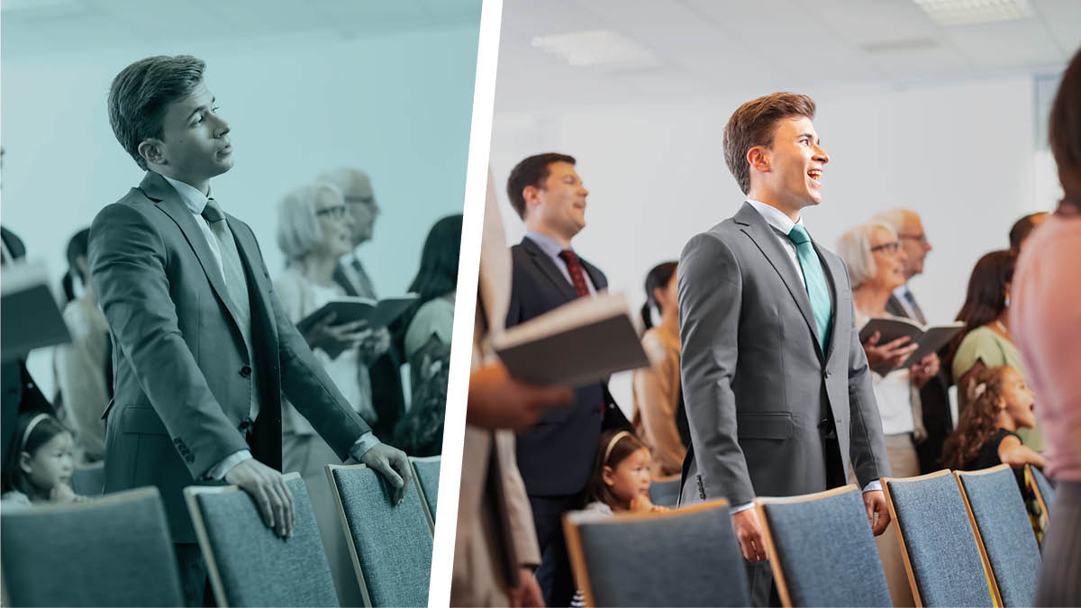 Foto milamakaja: Bimfuanyi bidi bileja malu abidi mashilangane adi enda enzeka mu bisangilu. 1. Mu tshimfuanyi tshia kumpala muanetu wa balume utshidi nsonga udikanda bua kuimba mu bisangilu. 2. Mu tshibidi muanetu au wimba ne disanka.