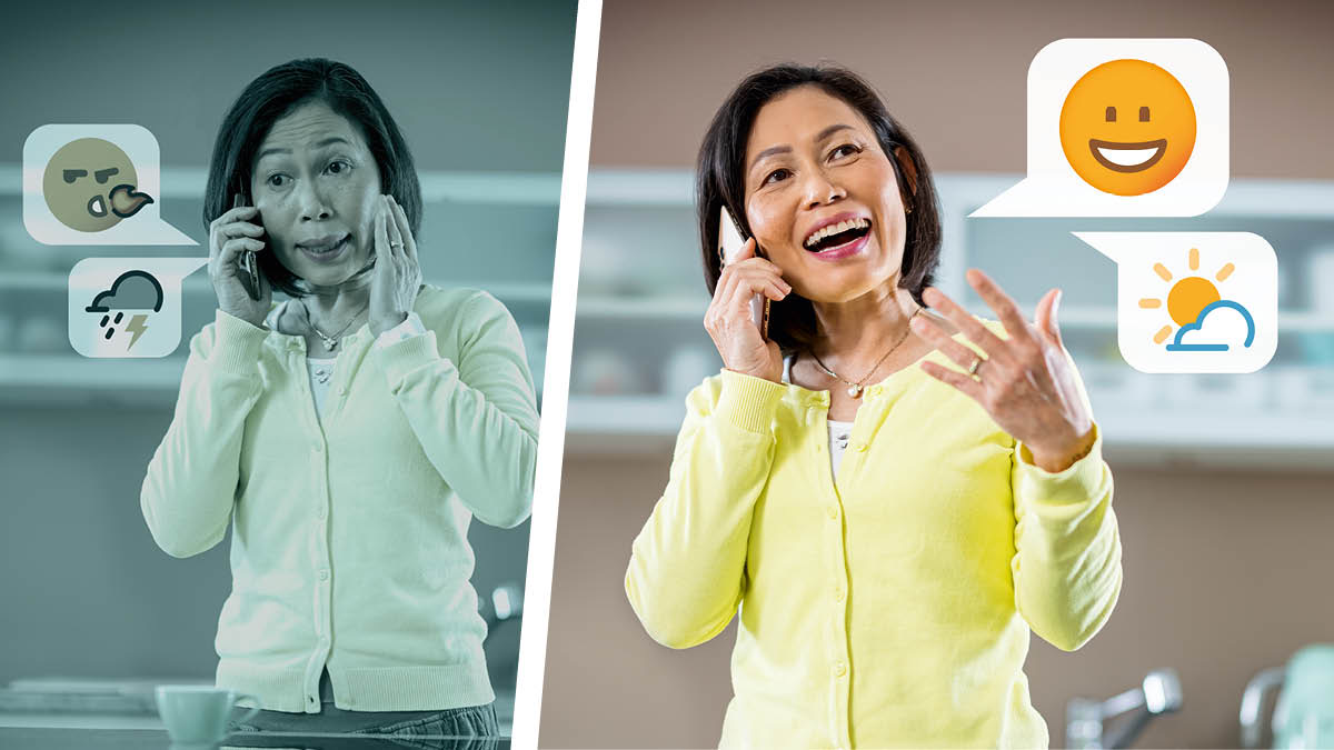 Foto milamakaja: Bimfuanyi bidi bileja malu abidi mashilangane adi enda enzeka mu miyuki ya matuku onso. 1. Mu tshimfuanyi tshia kumpala muanetu wa bakaji uyukila ne muntu ku telefone. Katshimfuanyi ka mpala ne mimuemue ne ludimi lua kapia lupatuka mukana muaku kaleja mayuki mabi. 2. Mu tshibidi muanetu wa bakaji au uyukila ku telefone ne disanka. Katshimfuanyi ka mpala ne mimuemue ne kakuabu ka dîba dikenka muulu bileja miyuki mimpe.