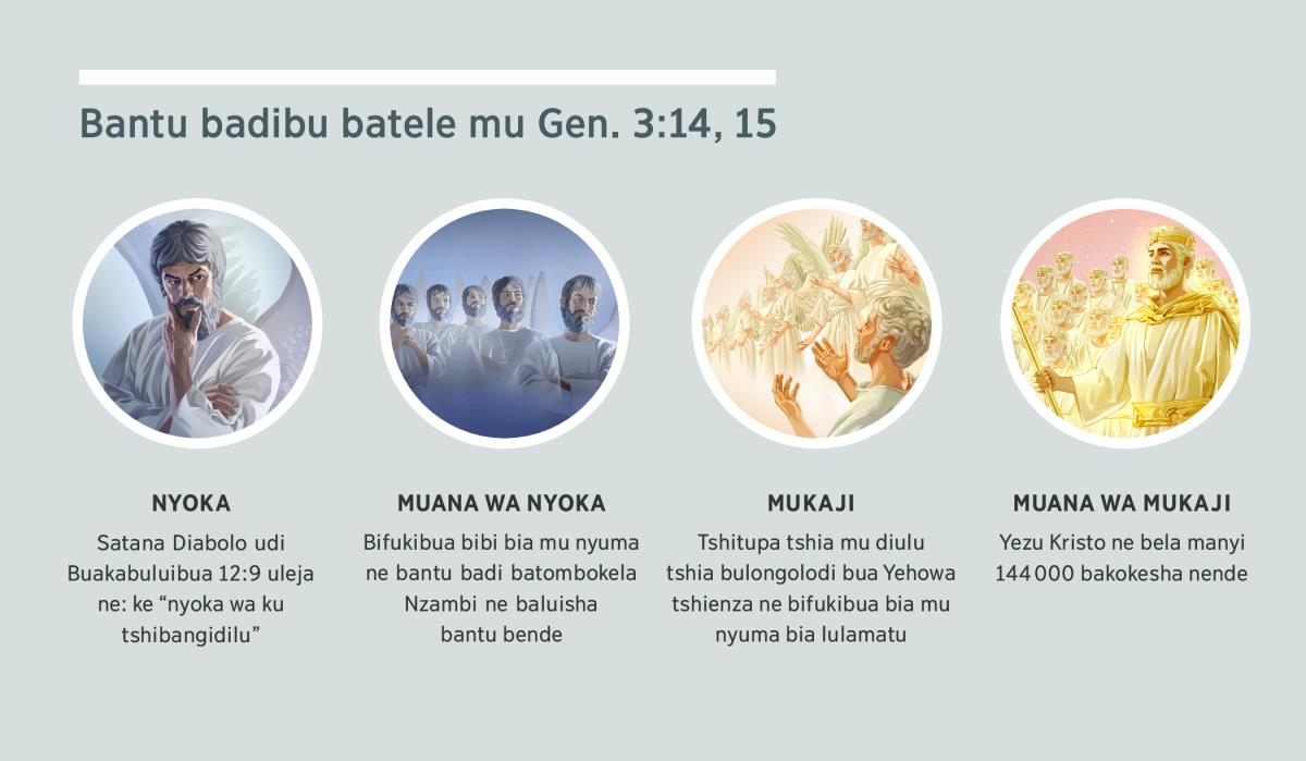 Foto: “Bantu badibu batele mu Genese 3:14, 15.” 1. Nyoka: Satana, muleja bu tshifukibua tshia mu nyuma. 2. Muana wa nyoka: bifukibua bibi bia mu nyuma. 3. Mukaji: bifukibua bia mu nyuma bia lulamatu. 4. Muana wa mukaji: Yezu Kristo ne bela manyi badiye ukokesha nabu bikale mu butumbi buabu bua mu diulu. Mbambulule malu aa mu tshikoso 4, 5, 7, ne 8.