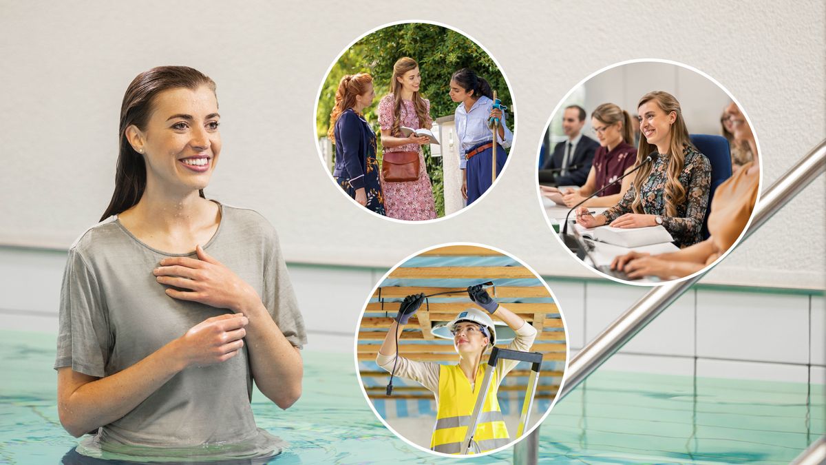 Muanetu wa bakaji muimane mu mâyi muikale ne disanka bafuma ku dimubatiza. Foto: 1. Muanetu au uyisha. 2. Mubuele mu Kalasa ka bamanyishi ba Bukalenge. 3. Mu mudimu wa luibaku wenda wela nshinga ya nzembu.