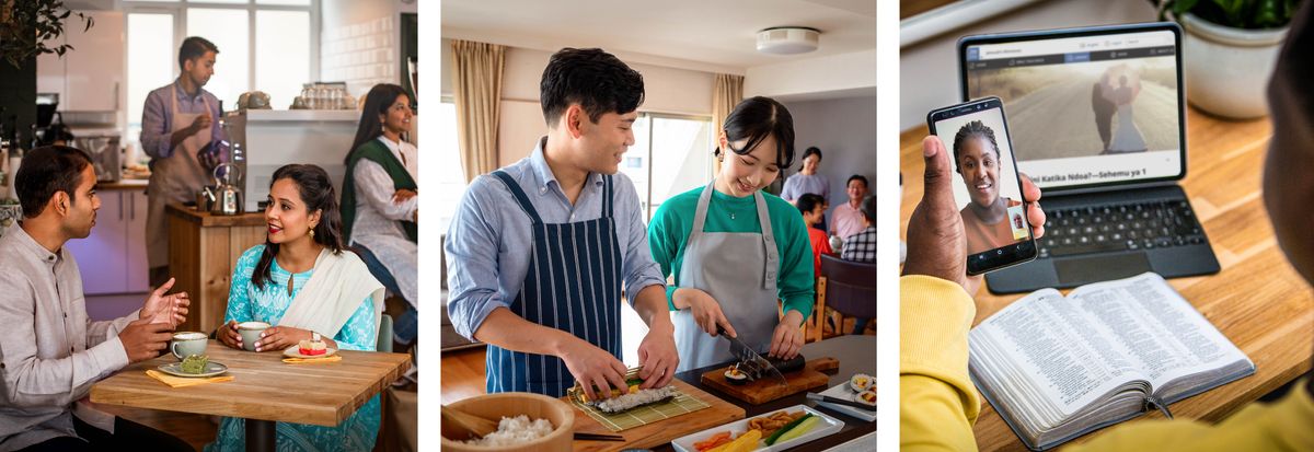 Bimfuanyi bilamakaja: 1. Bajike badi batantshilangana bayukila mu restoran. 2. Bajike bakuabu badi batshilangana balamba pamue mu kadifesto. 3. Muanetu wa balume ne wa bakaji bayukila benda bamonangane. Balonga tshiena-bualu tshia “Que puis-je attendre du mariage ? ​— 1re partie” mu jw.org. Muanetu wa balume mmukangule Bible.