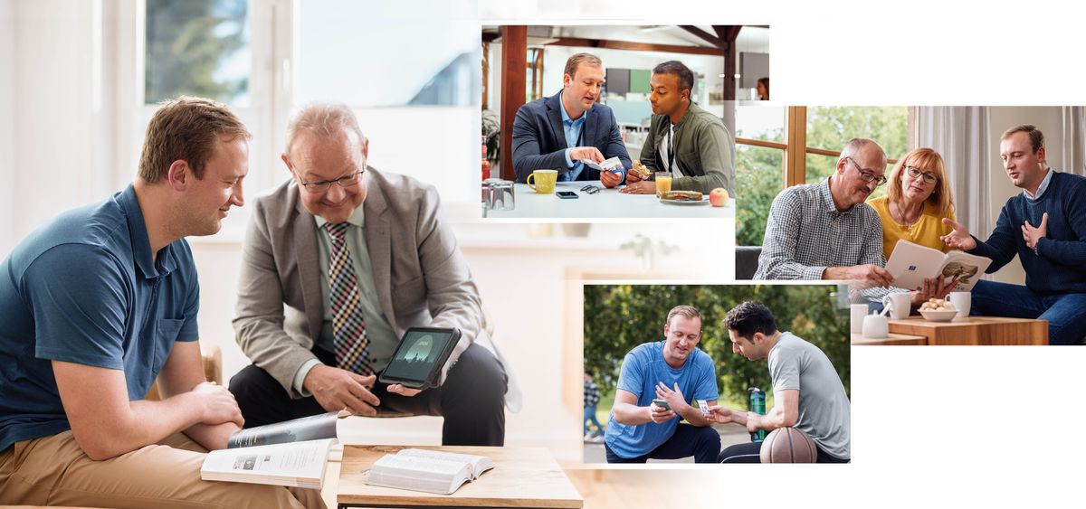 Muanetu wa balume ulongesha muntu Bible ne mukanda wa “Shala ne muoyo kashidi!” Bimfuanyi bilamakaja: Muntu uvuabu balongesha au wambila bantu badi balonda aba malu avuaye mulonge: 1. Muena mudimu wabu. 2. Bena mu dîku diabu. 3. Mulunda wende.