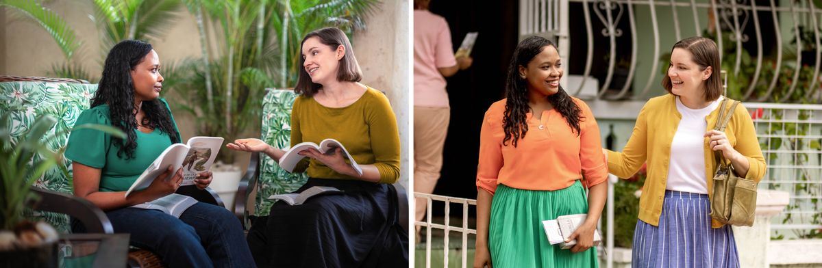 Foto: 1. Muanetu wa bakaji ulongesha muntu mukaji kampanda Bible ne disanka. 2. Pashishe, muanetu wa bakaji au ne mulongi wende au bikale ne disanka padibu bayisha.