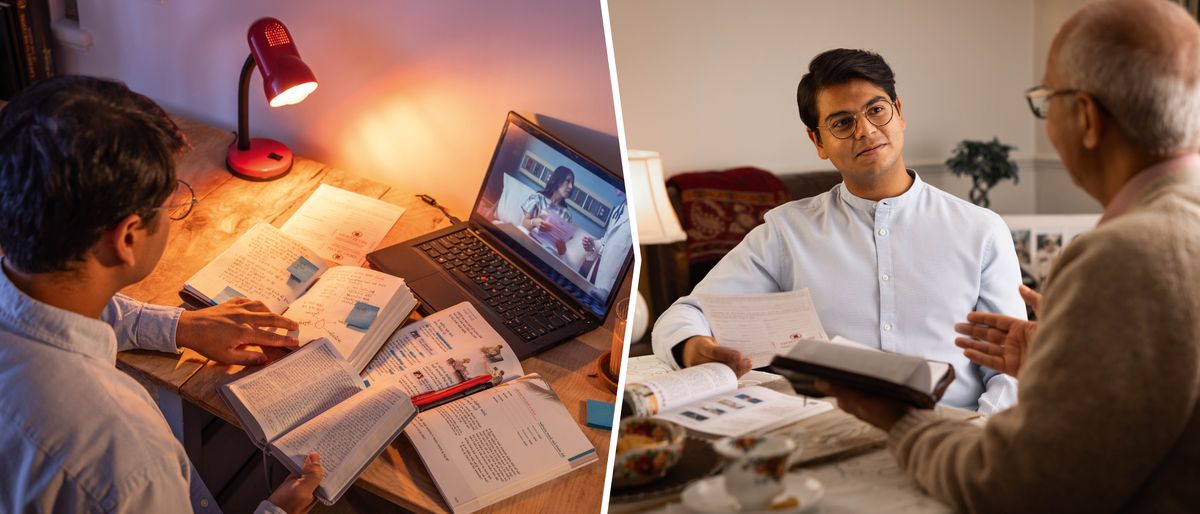 Foto: 1. Muanetu wa balume kampanda ubala Bible, mukangule mukanda wa “Shala ne muoyo kashidi!” mu dilongesha dia 39, ne utangila kabidi filme wa “Mua kudiangatshila mapangadika mu tshilumbu tshia mashi,” wenda ukeba malu adi mua kumuambuluisha bua kuwuja karte kende ka dibenga kuedibua mashi. 2. Pashishe, ukadi uteleja muanetu wa balume mukuabu mushindame mu ditabuja padiye umuambuluisha ne mvese kampanda.