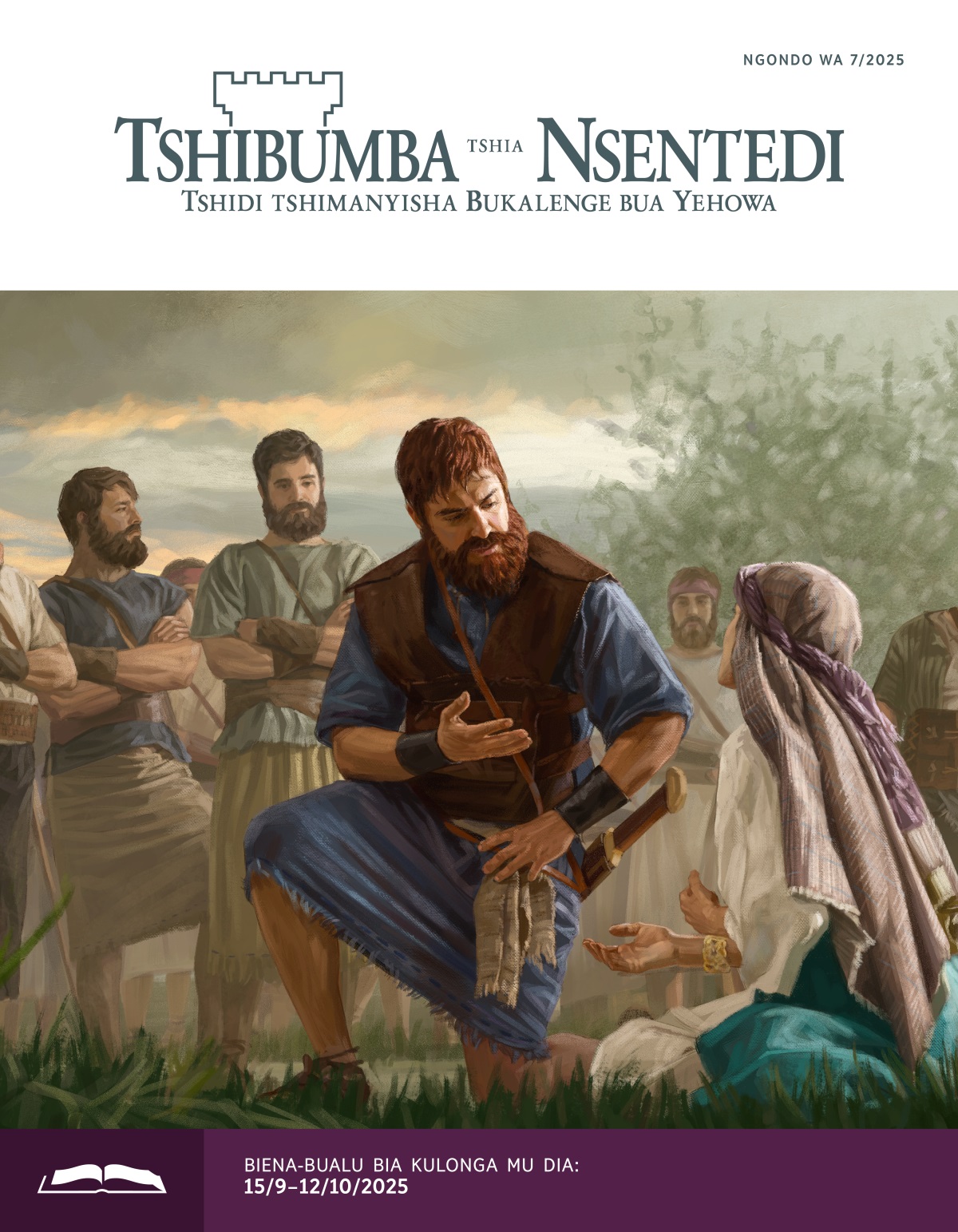 Mukalenge Davidi uteleja Abigayila udi musombe panshi, umusengelela. Bantu ba Davidi badi muaba au batangile.