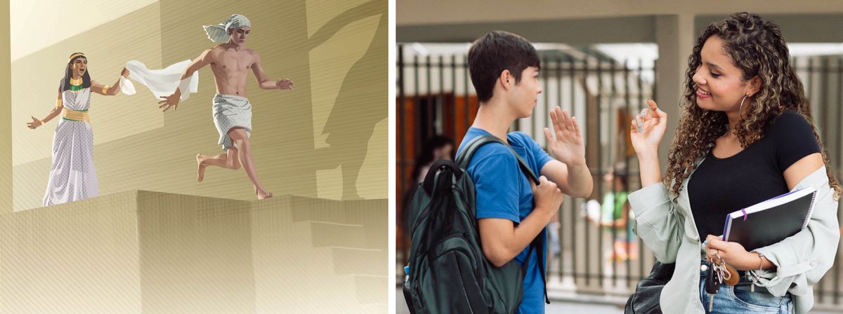 Foto: 1. Jozefe unyema mukaji wa Pôtifa; mukaji au mukuate tshilamba tshia Jozefe mu tshianza, umulonda. 2. Muanetu wa balume utshidi nsonga ubenga bilele bia malu a mananga bidibu bamuelesha kudi muana wa bakaji mu kalasa.