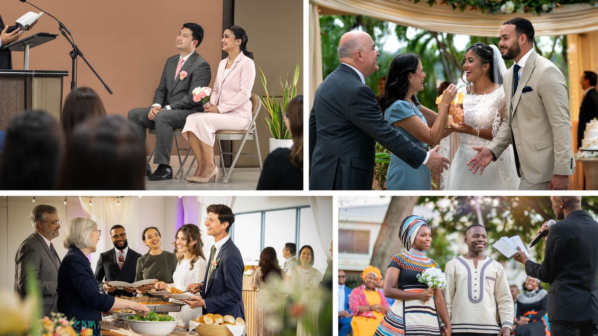 Foto: Bana betu ba miaba mishilashilangana mu mafesto a mabaka a bena Kristo nabu basanka. 1. Muanetu wa balume ne wa bakaji badi baselangana basombe kumpala kua muanetu wa balume udi ubenzela muyuki wa dibaka diabu mu Nzubu wa Bukalenge. 2. Tatu kampanda ne mukajende bela muanetu wa balume ne wa bakaji badi baselangana kalumbandi mu difesto diabu didi dienzekela pambelu. 3. Muanetu wa balume ne wa bakaji badi baselangana ne bamue bantu badibu babikile bimane mu mulongo bua kuangata biakudia pamue. 4. Mulume ne mukaji badi baselangana bimane kumpala kua muanetu wa balume udi wenza muyuki wa dibaka diabu.