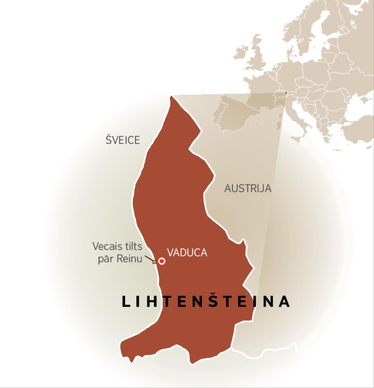 Karte, kurā ir izcelta Lihtenšteina, kas robežojas ar Šveici un Austriju