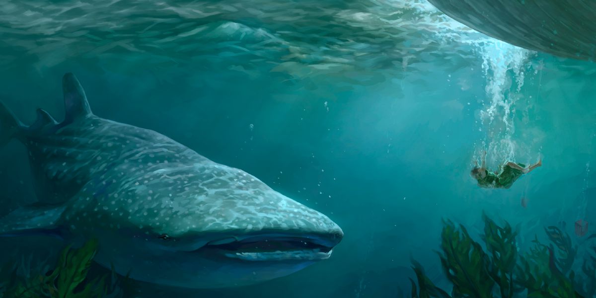 Jona grimst okeāna dzelmē, un garām peld milzīga zivs