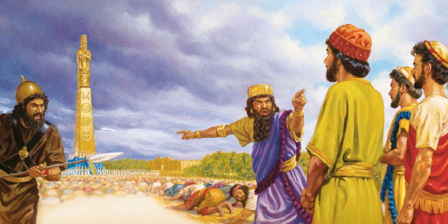 Sadrahs, Mesahs un Abed-Nego atsakās mesties zemē tēla priekšā