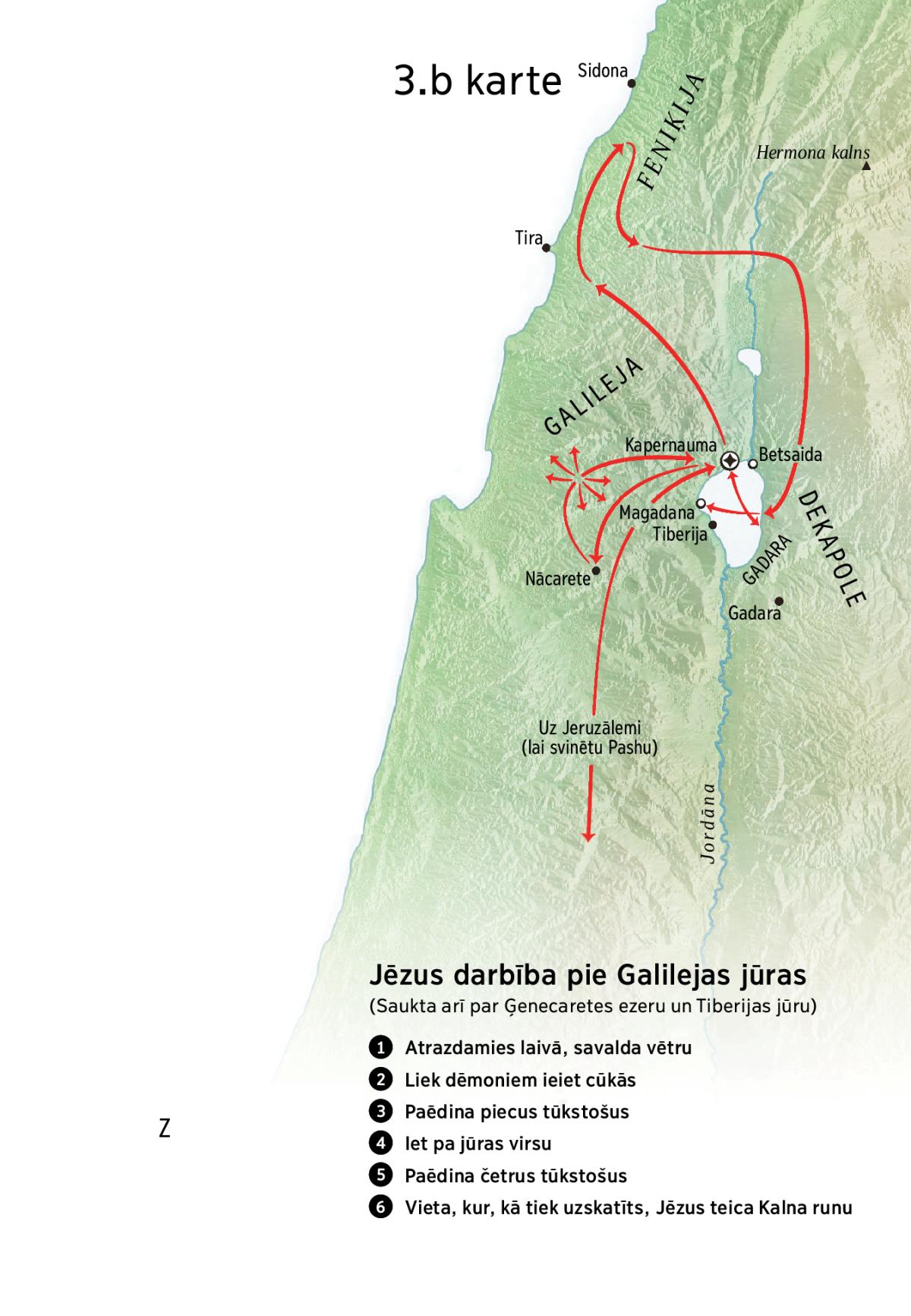 Karte, kurā norādīti ar Jēzus kalpošanu saistīti novadi: Galileja, Feniķija un Dekapole