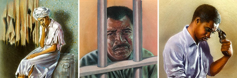 A homeless person; a man in prison; a man holding a gun to his head