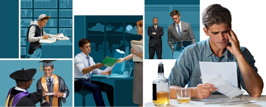 Jaunietis cītīgi mācās, absolvē augstskolu, sāk strādāt, zaudē darbu, pārmērīgi lieto alkoholu