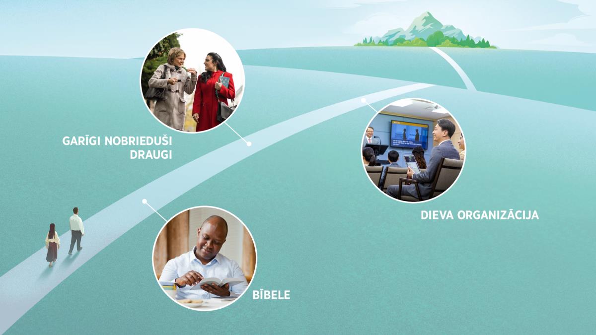 Attēli. Kāds laulāts pāris iet pa šauru ceļu, kas ved uz augstu kalnu. Trīs situācijas, no kurām redzams, kādos veidos Jehova mums palīdz veikt izmaiņas, kamēr mēs ejam pa šo ceļu. Šīs situācijas ir minētas 7., 9., un 14. rindkopā.