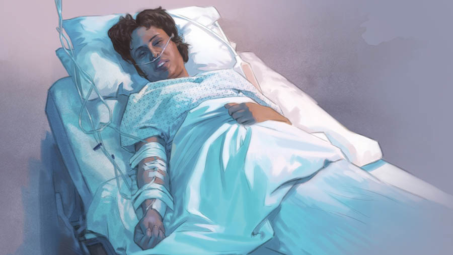 Sieviete slimnīcā, viņai intravenozi tiek ievadīti medikamenti un degunā ir skābekļa padeves caurulītes.