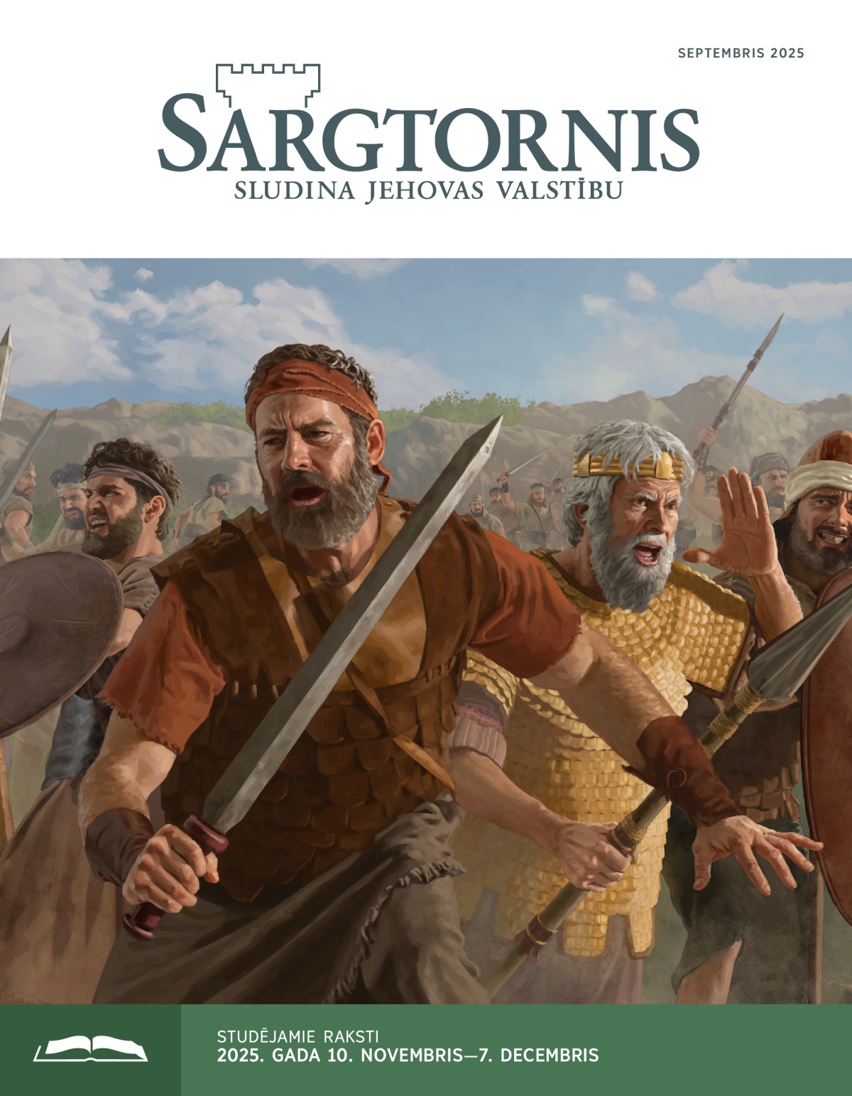 Jonatāns, Sauls un citi izraēlieši metas cīņā. Visiem rokās ieroči.