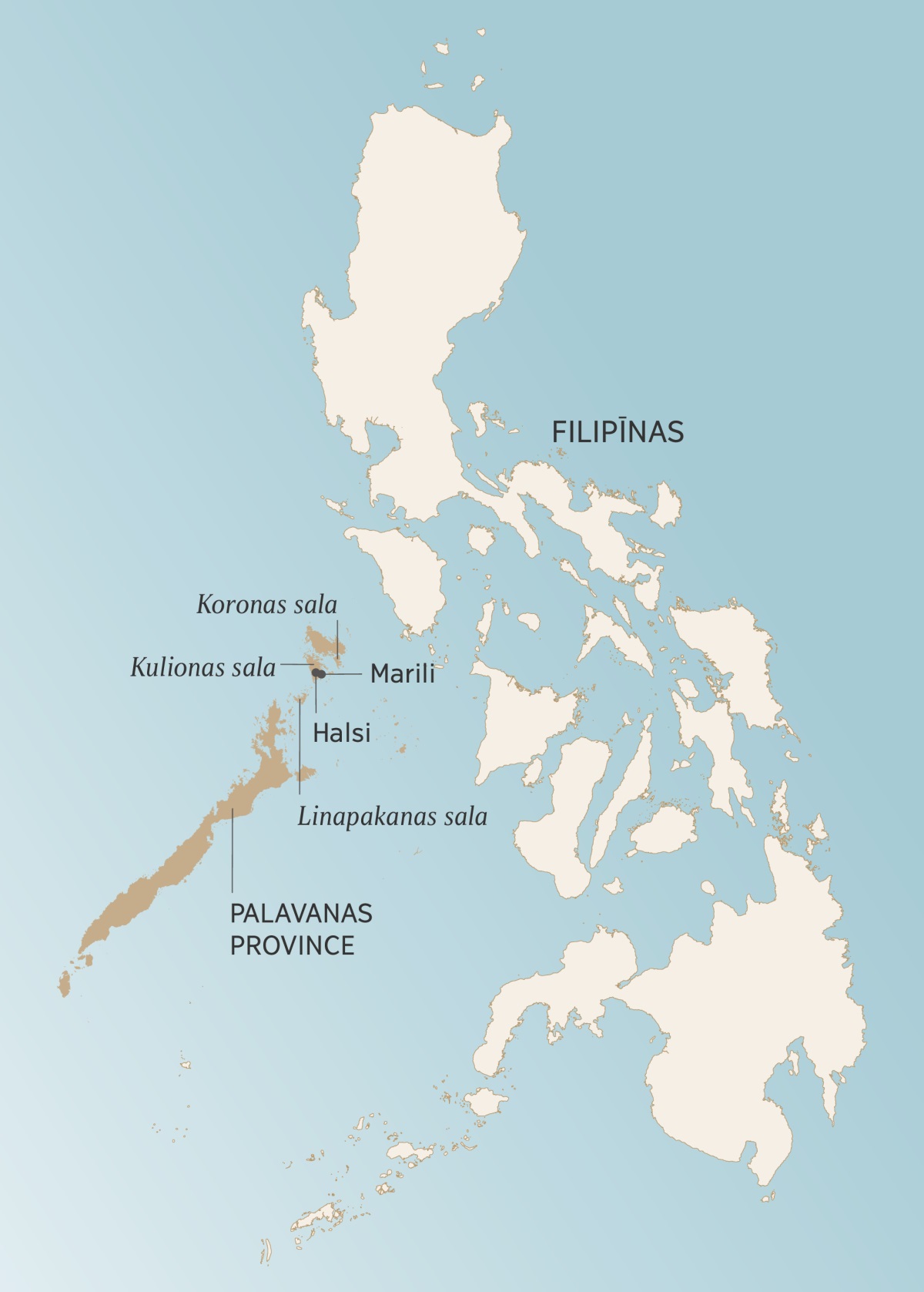Filipīnu provinces Palavanas karte, kurā atzīmētas dažas salas un apdzīvotas vietas, kur kalpoja Anhelito kopā ar savu ģimeni: Koronas sala, Kulionas sala, Halsi ciems, Marili ciems un Linapakanas sala.