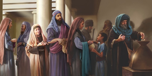 The needy widow waiting in line at the temple to make her donation