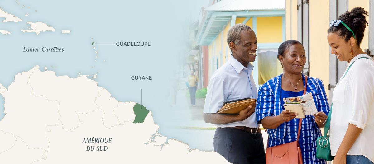 Zimaz: 1. Enn map ki pe montre Lamer Caraïbes, Guadeloupe, ek Guyane. 2. Jack ek Marie-Line pe pres avek enn madam.