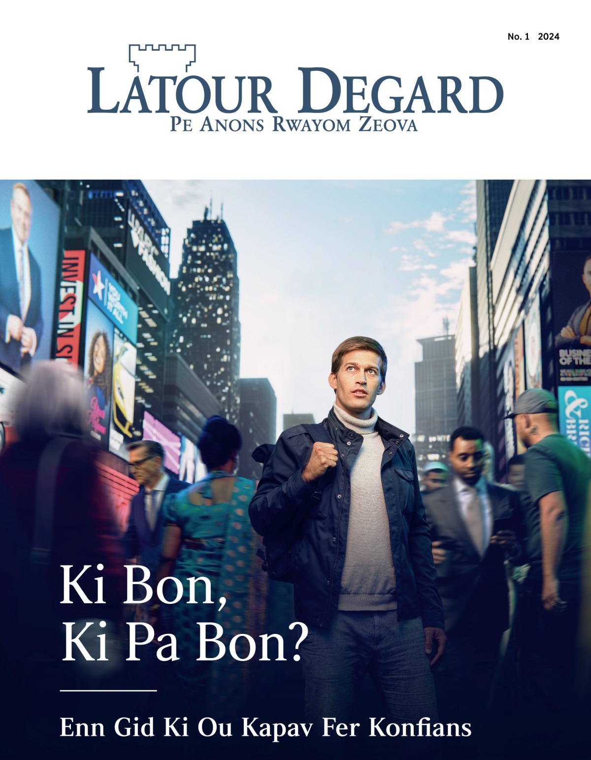 Dan enn lavil kot ena bien mouvman, enn zenn zom pe deboute omilie semin. Otour li, ena enn lafoul dimounn ki sorti dan diferan kiltir ek nasionalite ki pe pase. Li pe get lao koumadir li pe rod so semin.