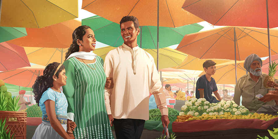 ഒരു സന്തുഷ്ട കുടുംബം മാർക്കറ്റിൽ.