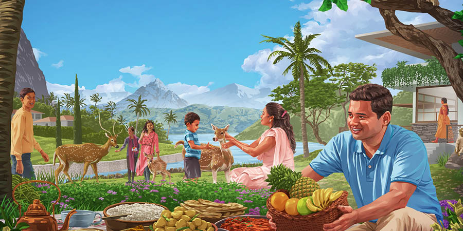 സമൃദ്ധമായ ആഹാരമുള്ള മനോഹരമായ ഒരു പറുദീസയിൽ മൃഗങ്ങളുടെകൂടെ മനുഷ്യർ സമാധാനത്തോടെ ജീവിക്കുന്നു.