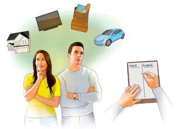 കൂടുതൽ പണം ചെലവായത്‌ എവിടെയെന്നു പരിശോധിക്കുന്ന ദമ്പതികൾ