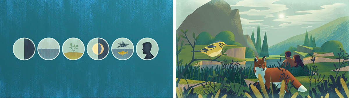 കൊളാഷ്‌: ‘പ്രപഞ്ചം സൃഷ്ടിക്കപ്പെട്ടതോ?—ശകലങ്ങൾ’ എന്ന വീഡിയോയിലെ രംഗങ്ങൾ. 1. ആറു സൃഷ്ടിദിവസങ്ങൾ ഭൂമിയിൽനിന്ന്‌ നോക്കുന്ന ഒരാളുടെ കാഴ്‌ചപ്പാടിൽ. 2. സൂര്യൻ, ഉണങ്ങിയ നിലം, വെള്ളം, സസ്യങ്ങൾ, പക്ഷികൾ, മൃഗങ്ങൾ, മനുഷ്യൻ ഇവയെല്ലാം ആറു സൃഷ്ടിദിവസങ്ങൾ കഴിഞ്ഞപ്പോൾ.