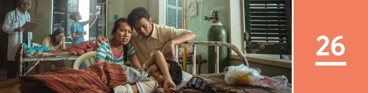 പാഠം 26. അപകടം സംഭവിച്ച്‌ ഹോസ്‌പിറ്റൽ കിടക്കയിലായിരിക്കുന്ന മകന്റെ അടുത്തിരിക്കുന്ന മാതാപിതാക്കൾ.