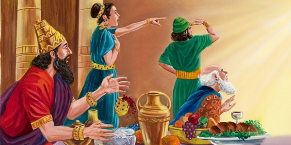 ബേൽശസ്സർ രാജാവും അദ്ദേഹത്തിന്റെ അതിഥികളും ചുവരിലെ കൈയെഴുത്ത്‌ കണ്ട്‌ ഭയത്തോടെയും ആശ്ചര്യത്തോടെയും നോക്കുന്നു