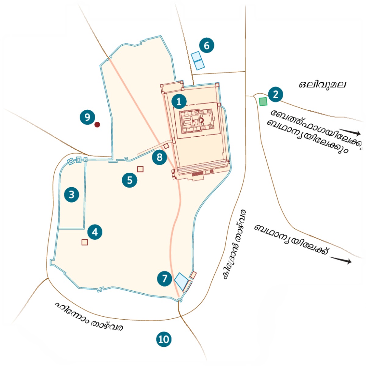 യരുശലേമിന്റെയും ചുറ്റുമുള്ള പ്രദേശങ്ങളുടെയും ഒരു ഭൂപടം. ചില സ്ഥലങ്ങളുടെ ഒരു ഏകദേശസ്ഥാനമാണ്‌ കൊടുത്തിരിക്കുന്നത്‌. 1. ദേവാലയം. 2. ഗത്ത്‌ശെമന തോട്ടം. 3. ഗവർണറുടെ അരമന. 4. കയ്യഫയുടെ വീട്‌. 5. ഹെരോദ്‌ അന്തിപ്പാസ്‌ ഉപയോഗിച്ചിരുന്ന കൊട്ടാരം. 6. ബേത്‌സഥ കുളം. 7. ശിലോഹാം കുളം. 8. സൻഹെദ്രിൻ ഹാൾ. 9. ഗൊൽഗോഥ. 10. അക്കൽദാമ.