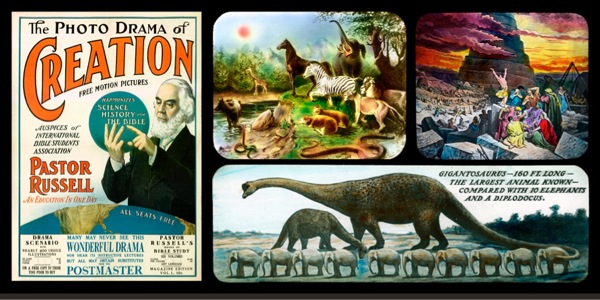 An advertisement poster and slides from the Photo-Drama of Creation