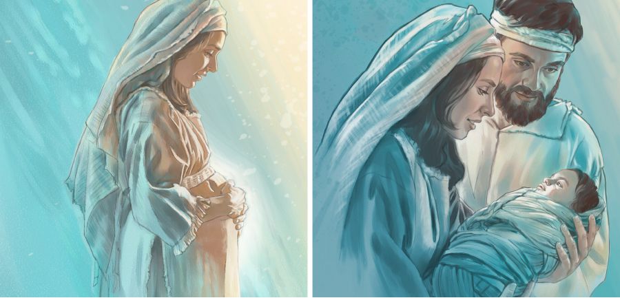 Mary while pregnant and after Jesus is born