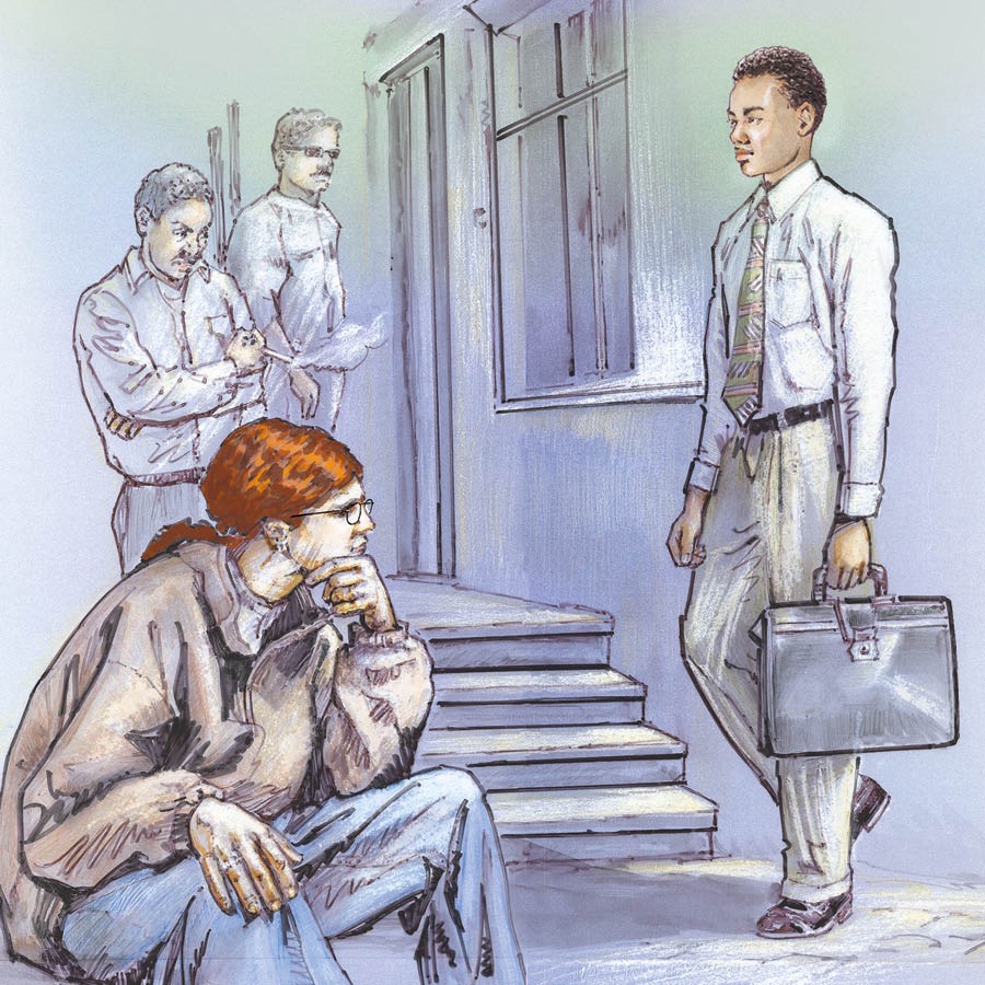 Several men observe one of Jehovah’s Witnesses in their neighborhood