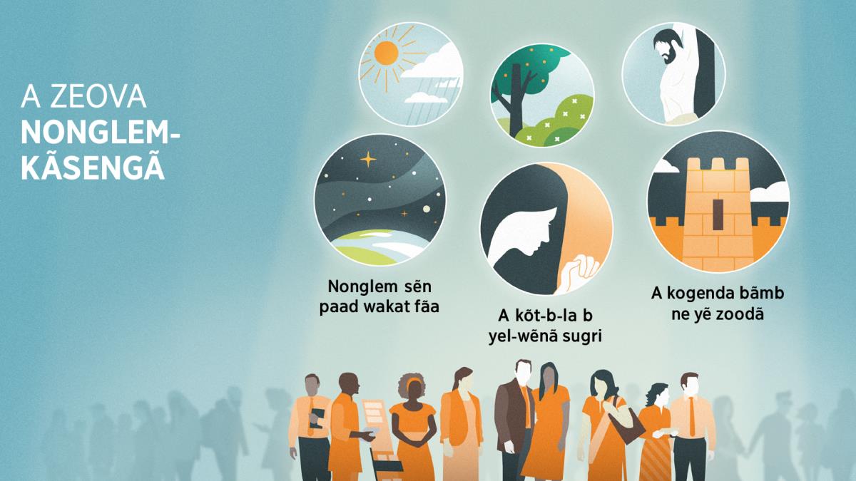 A Zeova nin-buiidã sẽn be ãdem-biisã fãa sʋka. Fot-rãmba: Bũmb kẽer sẽn wilgd a Zeova nonglem-kãsengã. 1. Tẽngã ne ãds ka tɛk sẽn be saasẽ, tɩ bilgd a Zeova nonglem sẽn paad wakat fãa wã. 2. Saam-bi-poak sẽn pʋʋsde, tɩ bilgd a Zeova sẽn kõt tõnd d yel-wẽnã sugrã. 3. Tẽng b sẽn me lalg n gũbgi, tɩ bilgd a Zeova sẽn kogend tõnd ne yẽ zoodã. Bũmb kẽer sẽn wilgd t’a Zeova nonga ãdem-biisã fãa. 4. Wĩntoogã la saagã. 5. Fɩlɛɛr-dãmbã, moodã, la tɩɩsã. 6. A Zeezi sẽn ki tɩ yɩ maoongã.