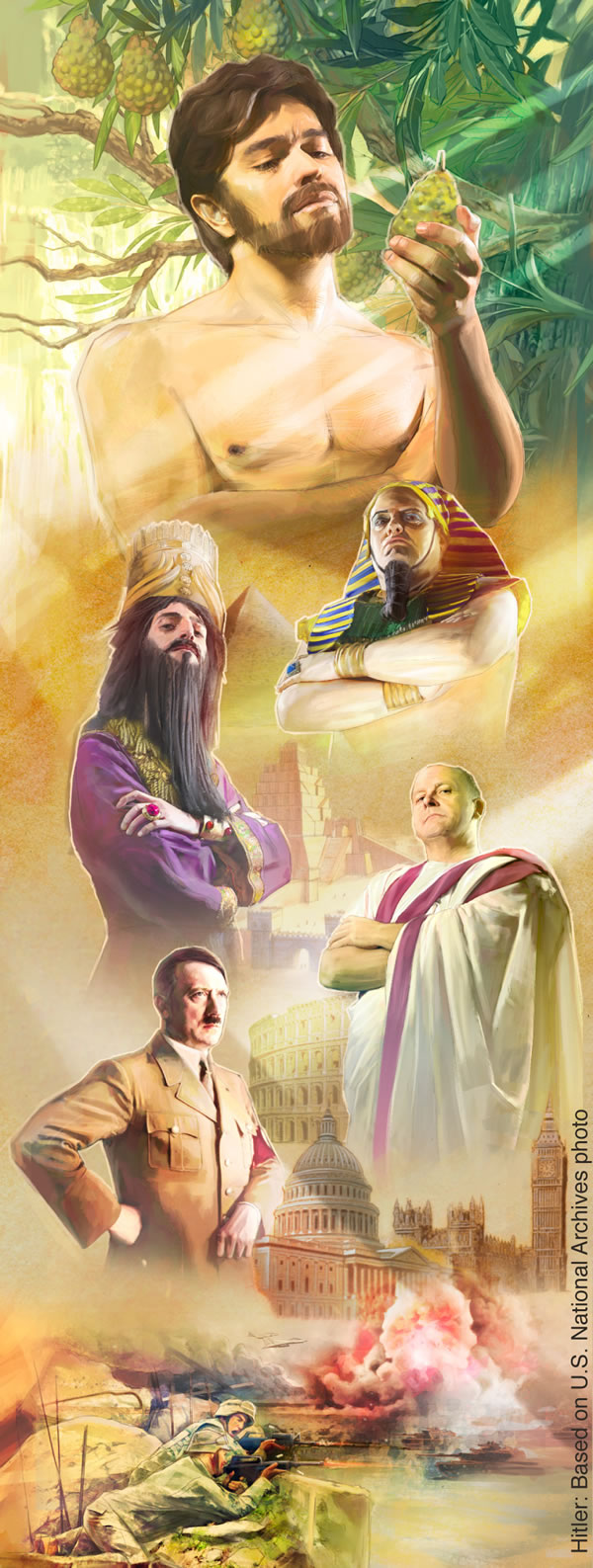 १. आदाम मना केलेल्या फळाकडे पाहत आहे; २. वेगवेगळे मानवी शासक; ३. युद्धाची दृश्‍यं