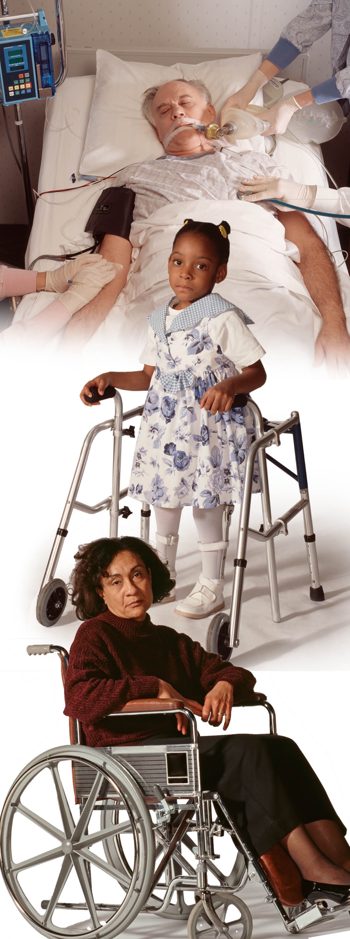 A man in a hospital bed; a little girl with a walker; a woman in a wheelchair