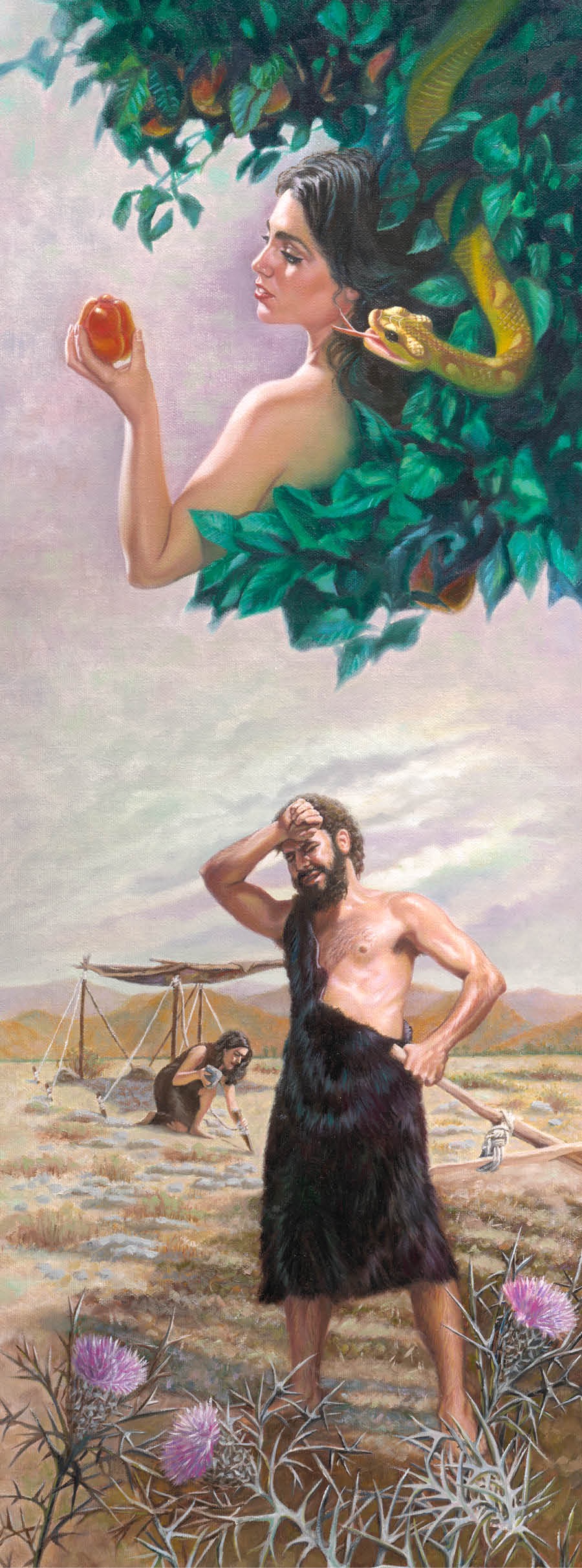 A serpent speaks to Eve; Adam tries to cultivate the cursed ground