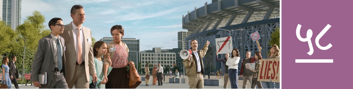 धडा ५८. एक कुटुंब यहोवाच्या साक्षीदारांच्या अधिवेशनाला येत असलेल्यांची थट्टा करणाऱ्‍या धर्मत्यागी लोकांकडे दुर्लक्ष करून पुढे जात आहे.