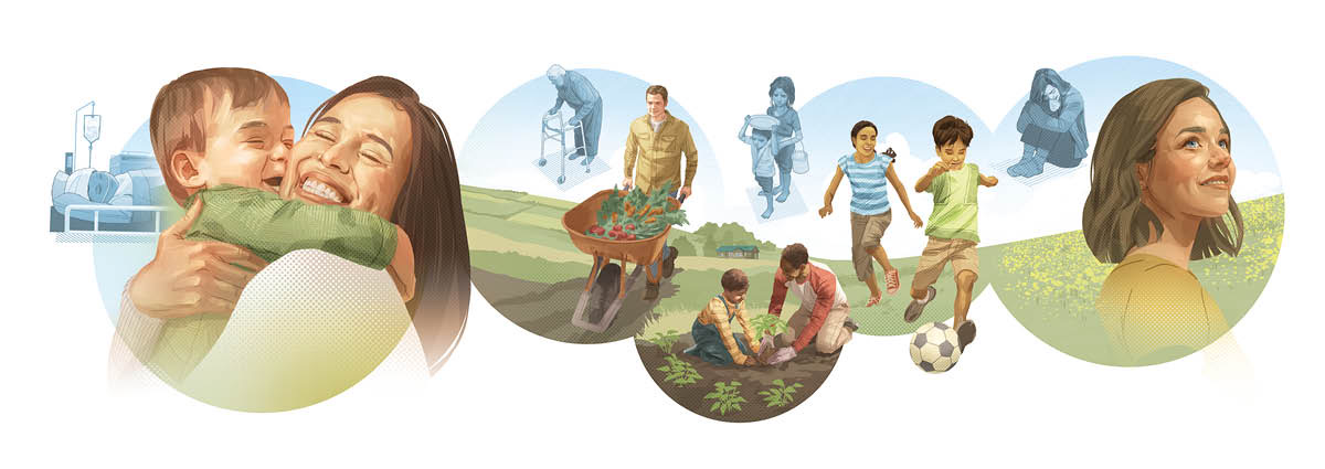 चित्रं: दोन वेगवेगळ्या चित्रांत दाखवलं आहे की आज कशी परिस्थिती आहे आणि बायबलमध्ये सांगितल्याप्रमाणे भविष्यात कशी परिस्थिती असेल. खालीही तशीच दृश्‍यं आहेत.